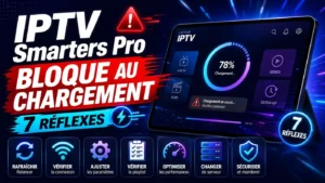 IPTV Smarters Pro bloque au chargement avec écran de chargement bloqué et icônes de dépannage