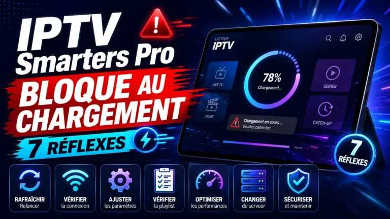 IPTV Smarters Pro bloque au chargement avec écran de chargement bloqué et icônes de dépannage