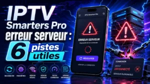 IPTV Smarters Pro erreur serveur avec smartphone, alerte serveur et 6 pistes de dépannage utiles
