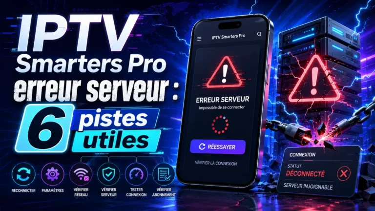 IPTV Smarters Pro erreur serveur avec smartphone, alerte serveur et 6 pistes de dépannage utiles