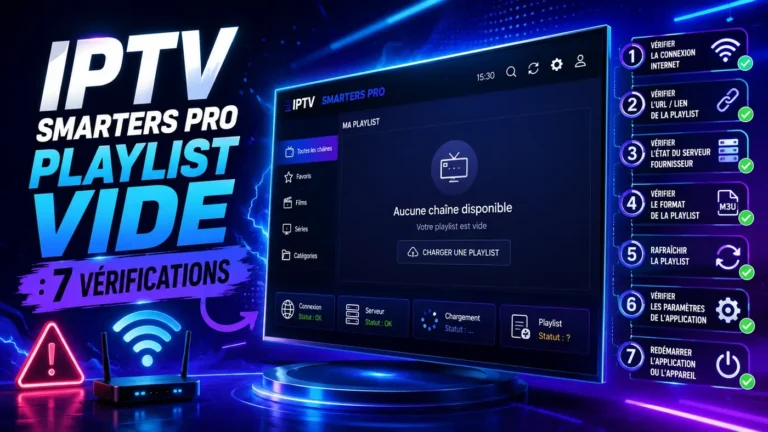 IPTV Smarters Pro playlist vide avec écran vide et 7 vérifications de dépannage