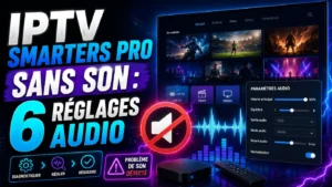 IPTV Smarters Pro sans son avec réglages audio, icône muet, égaliseur et paramètres de son