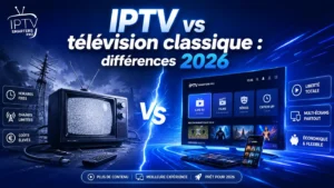 Comparaison visuelle entre IPTV vs télévision classique avec une interface moderne IPTV Smarters Pro et une ancienne télévision traditionnelle.