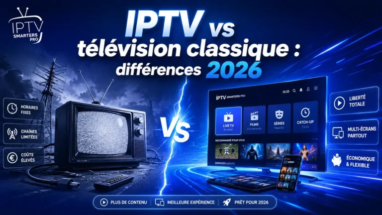 Comparaison visuelle entre IPTV vs télévision classique avec une interface moderne IPTV Smarters Pro et une ancienne télévision traditionnelle.