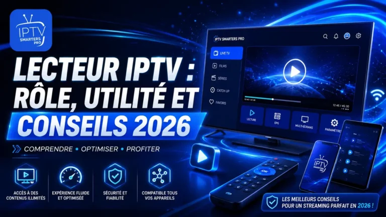 Image futuriste illustrant un lecteur IPTV, son rôle, son utilité et les conseils essentiels pour profiter d’une expérience streaming fluide en 2026.