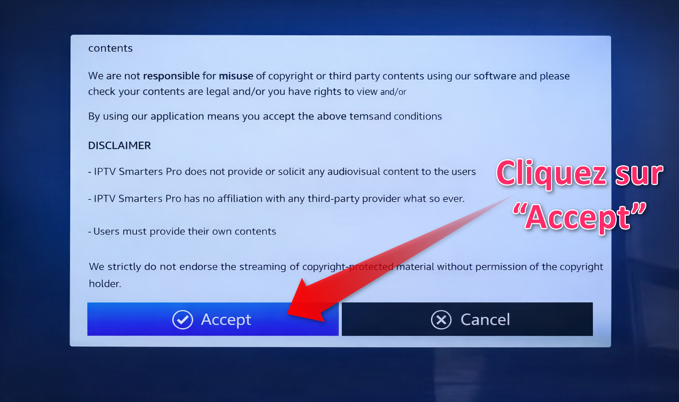 IPTV Smarters Pro sur Firestick - cliquer sur Accept