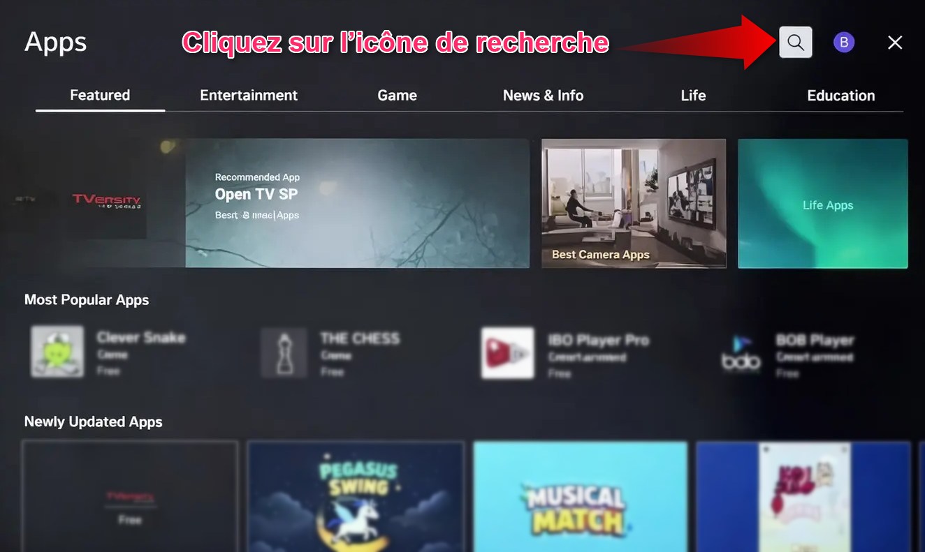 IPTV Smarters Pro sur LG TV - cliquer sur icône de recherche