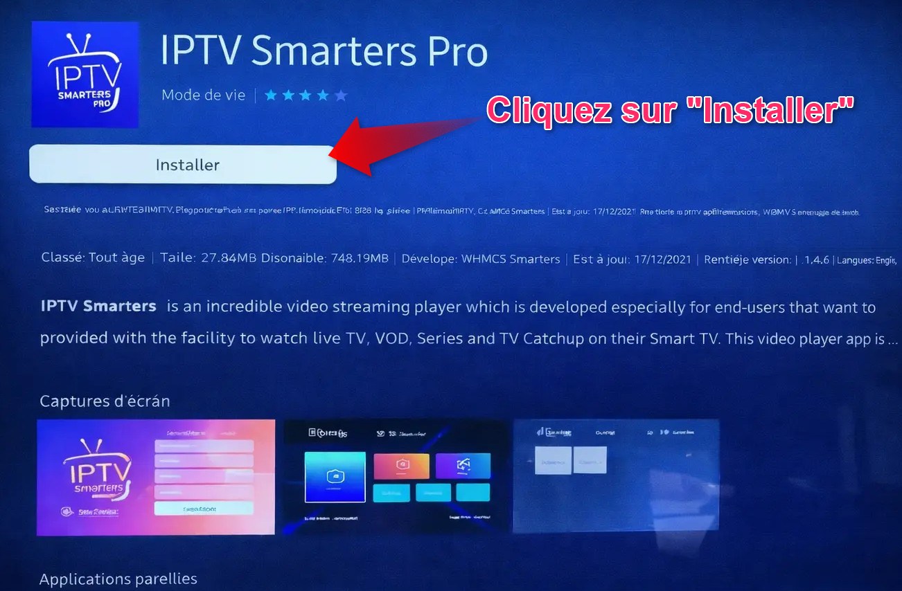 IPTV Smarters Pro sur Samsung TV - cliquer sur installer