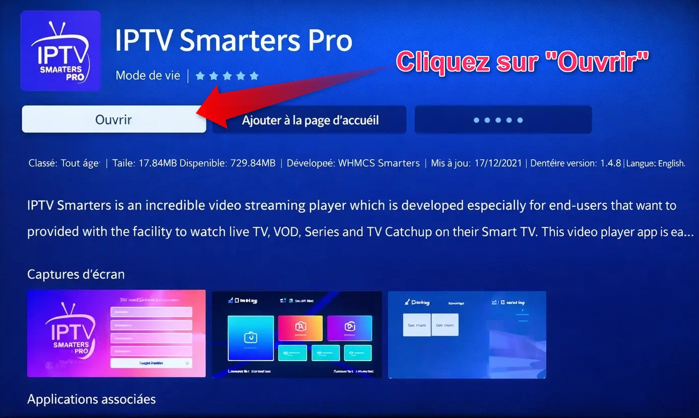 IPTV Smarters Pro sur Samsung TV - ouvrir application après installation