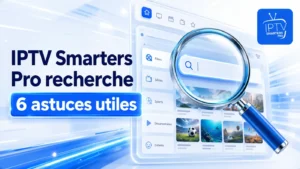 IPTV Smarters Pro recherche avec loupe et interface moderne présentant 6 astuces utiles
