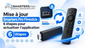 Mise à jour Smarters Pro Firestick en 6 étapes avec télécommande Fire TV Stick et icônes d’actualisation